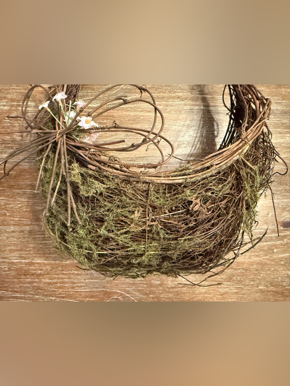 RUSTIC FARMHOUSE WOVEN MOSS & FLORAL HANGING BASKET - Picture 2 of 7